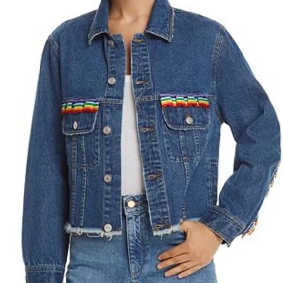 Sunset + Spring Rainbow Trim Denim Jacket Medium - Picture 1 of 11